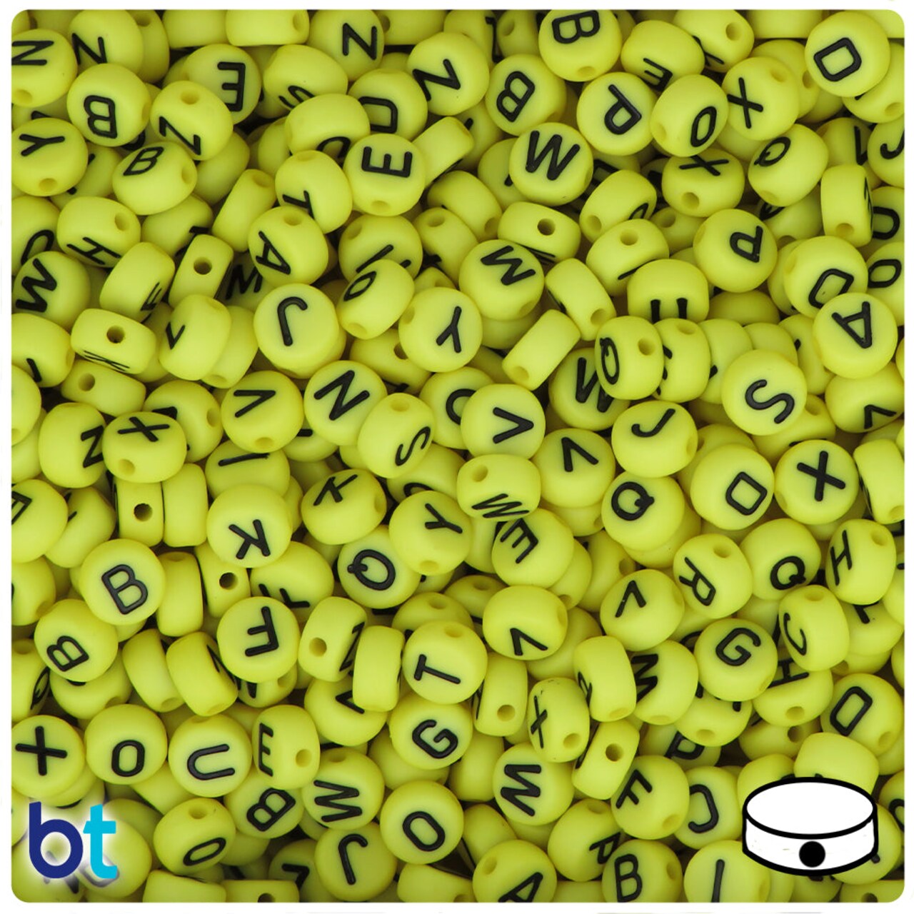 BeadTin Yellow Opaque 7mm Coin Plastic Alpha Beads - Black Letter Mix (250pcs)